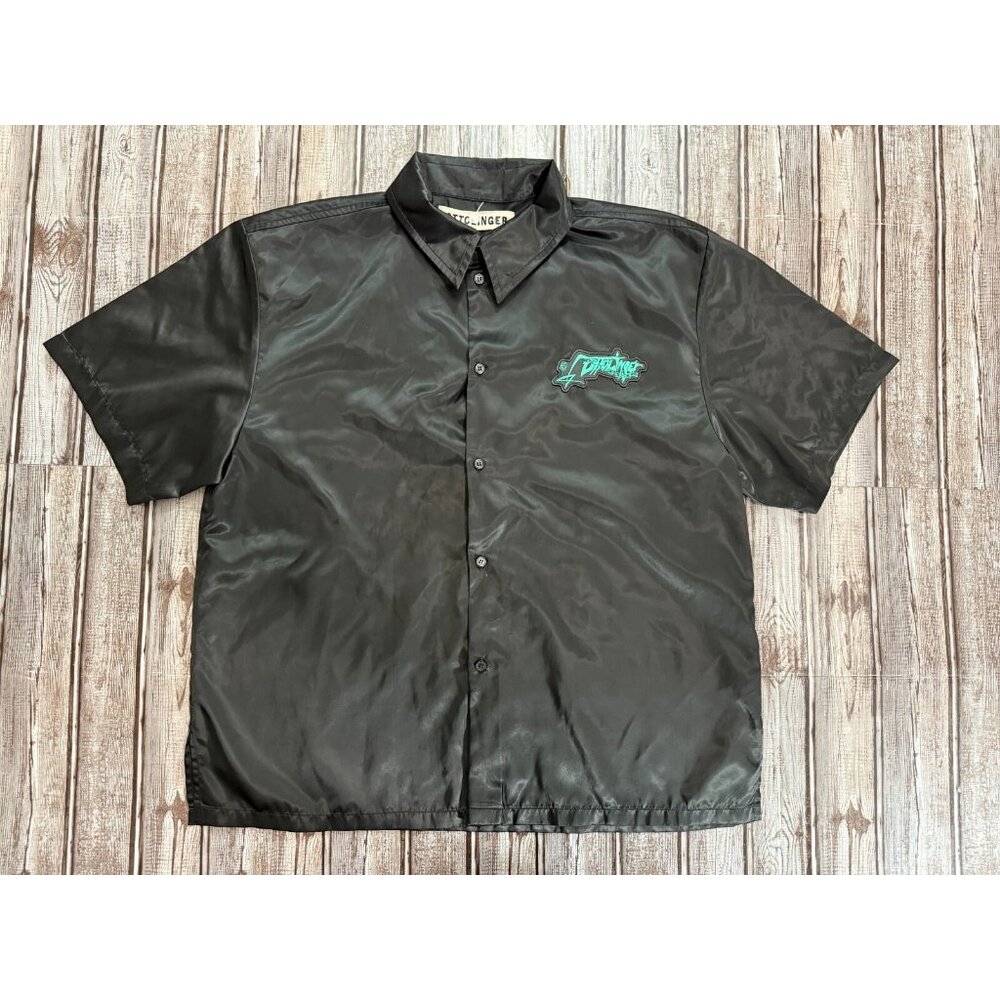 Ottolinger logo patch plastic short sleeve button up shirt size M color Black